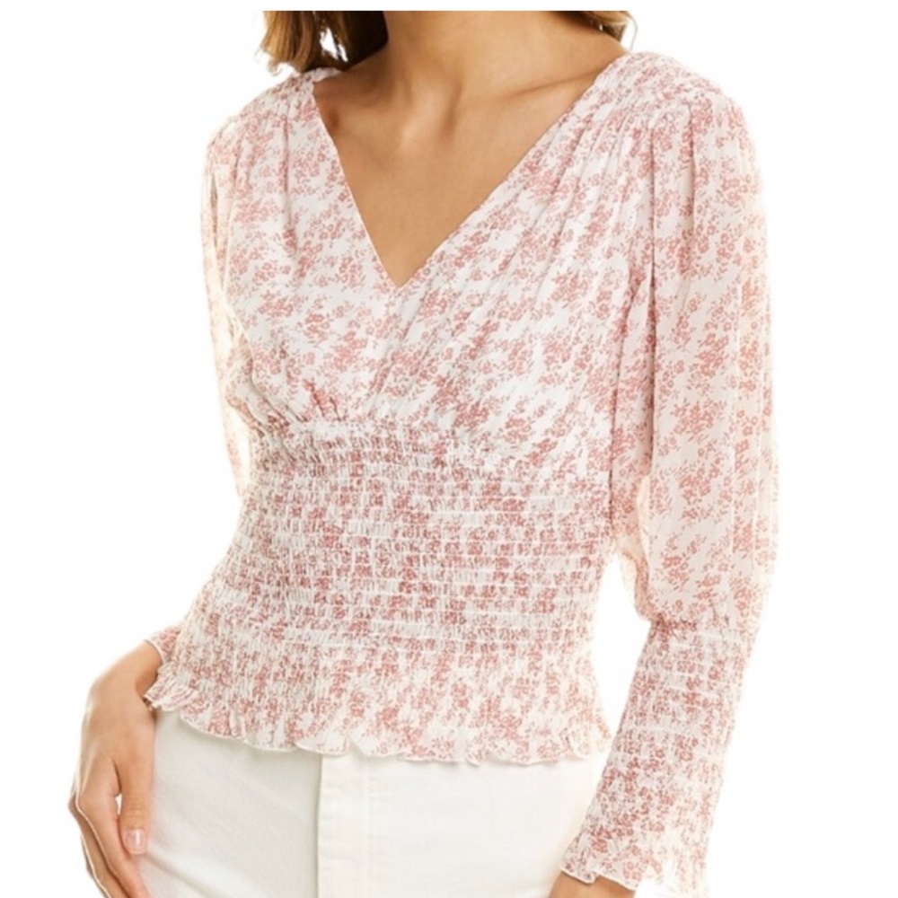 Floral V-Neck Smocked Blouse - Pink